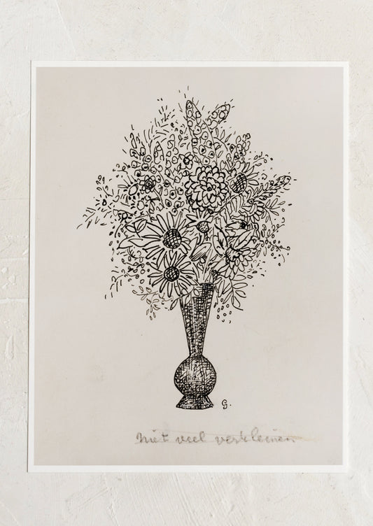 A vintage inspired art print in beige and black of sketch of flowers in vase.
