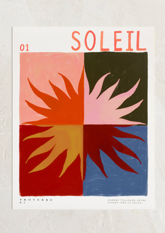 Poster with colorful abstract design and 'Soleil' text on a light background