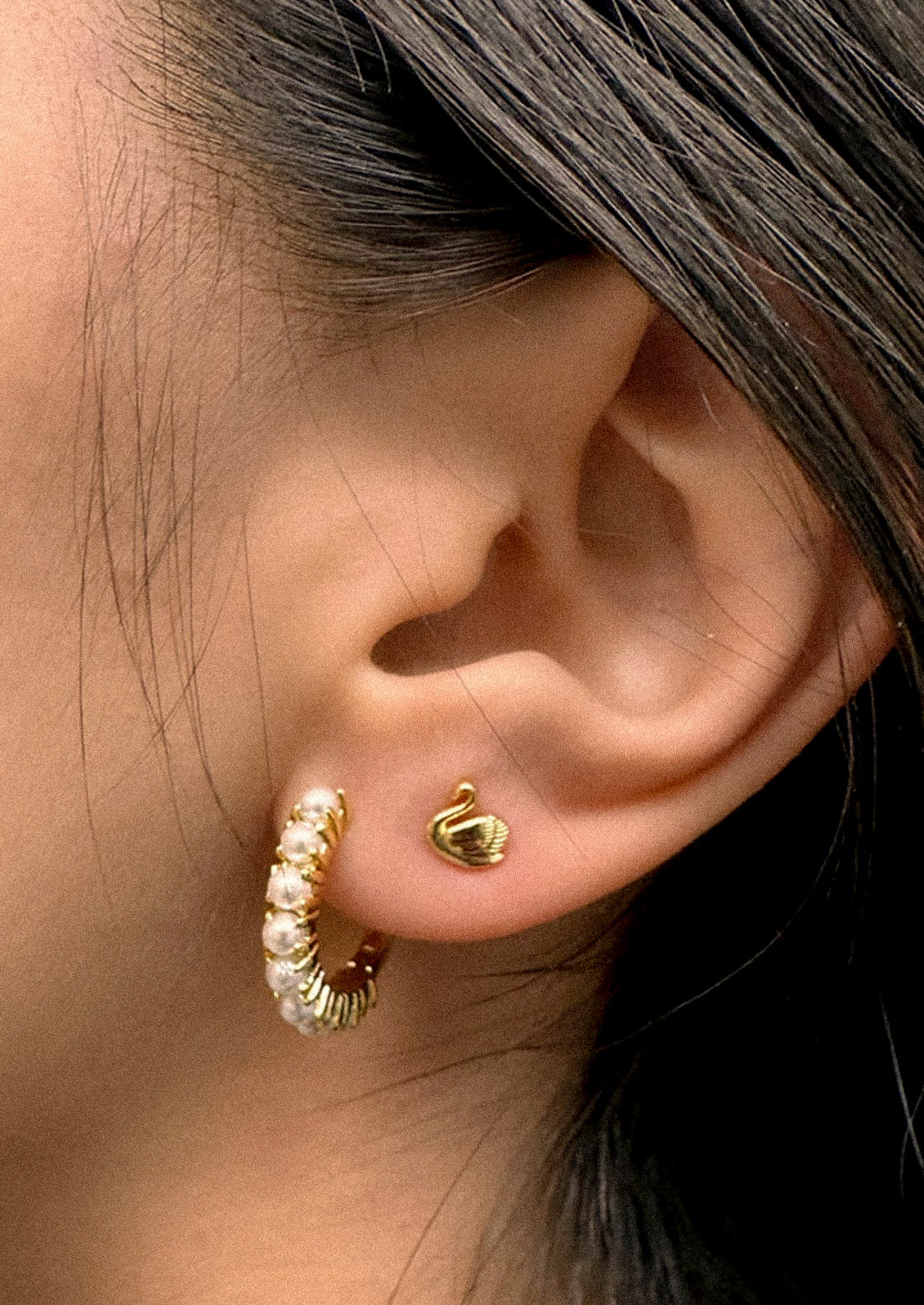 A woman wearing a small gold swan earring.