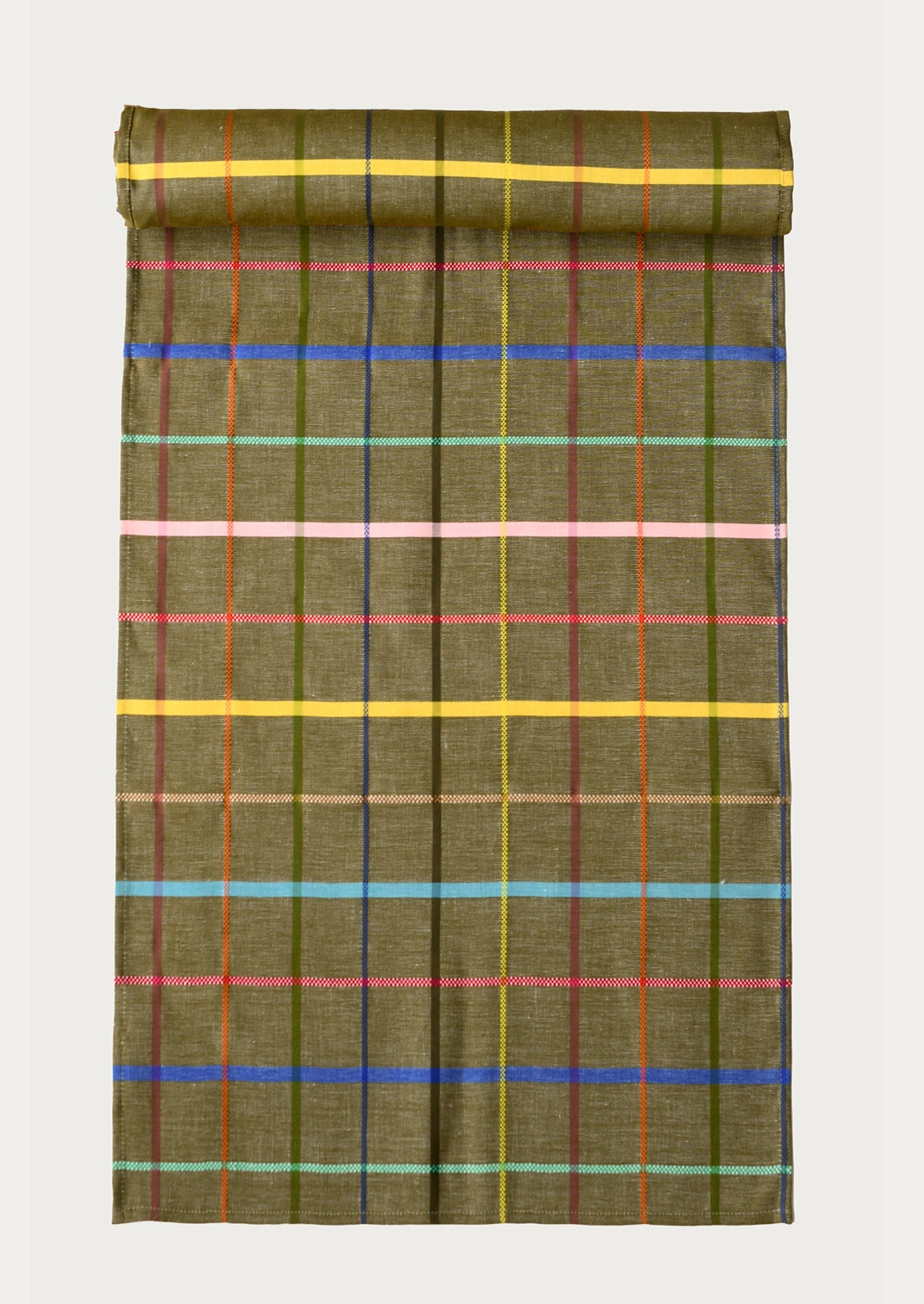 A table runner with multicolor plaid print on khaki background.