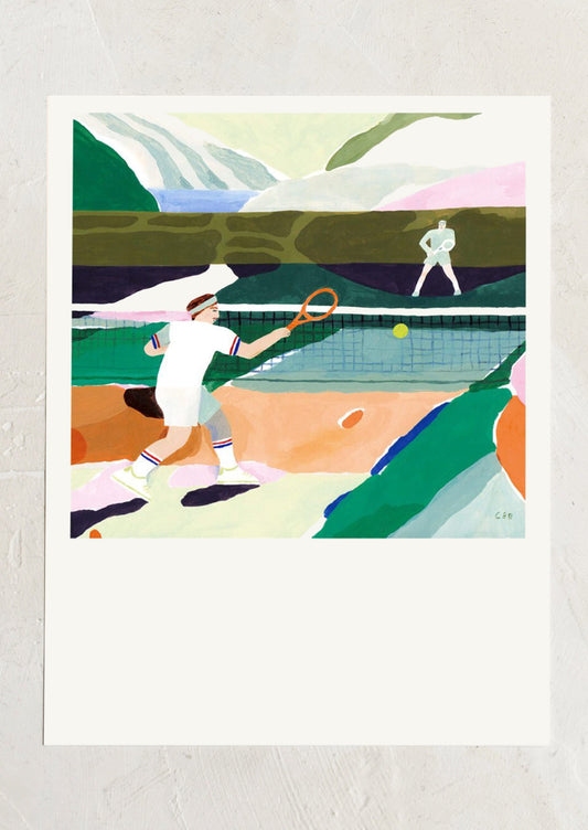 An art print of a painting of two people playing tennis amidst colorful scenery.