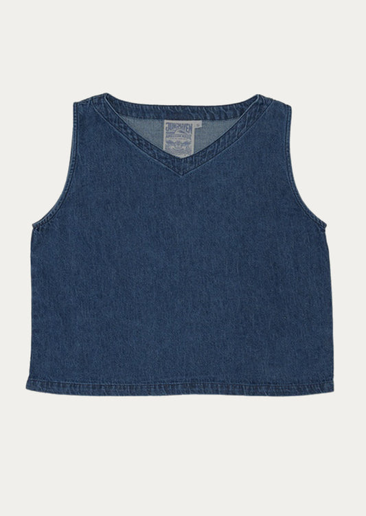 A dark denim blue sleeveless top against a white background