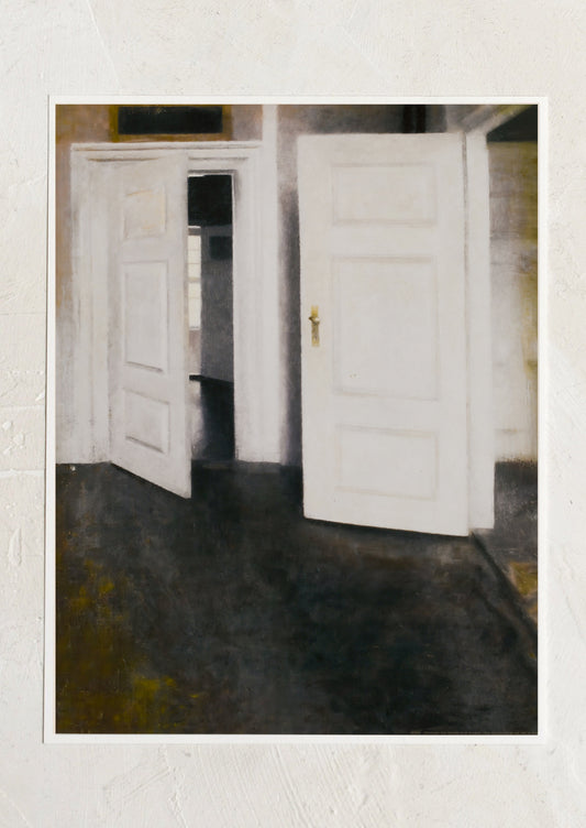 An art print of a room with two white doors.