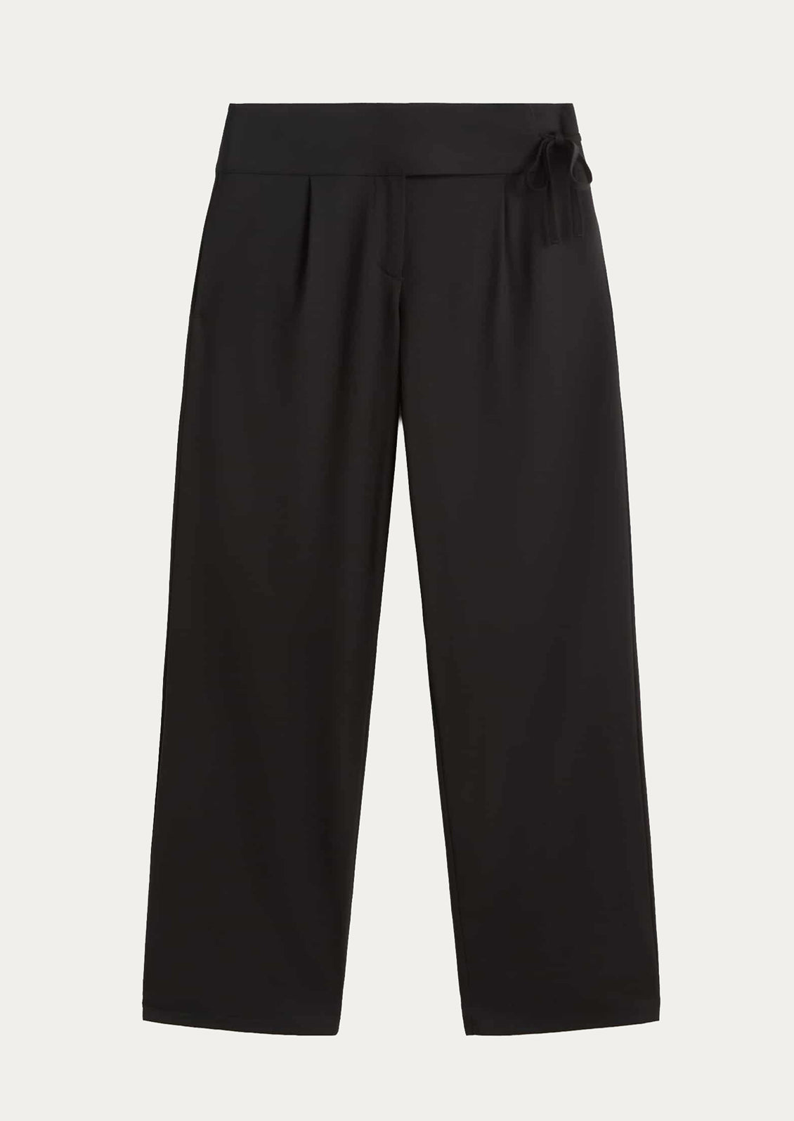 A pair of black straight leg dress pants.