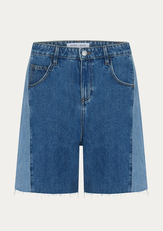 A pair of shorts with two-tone side seam.