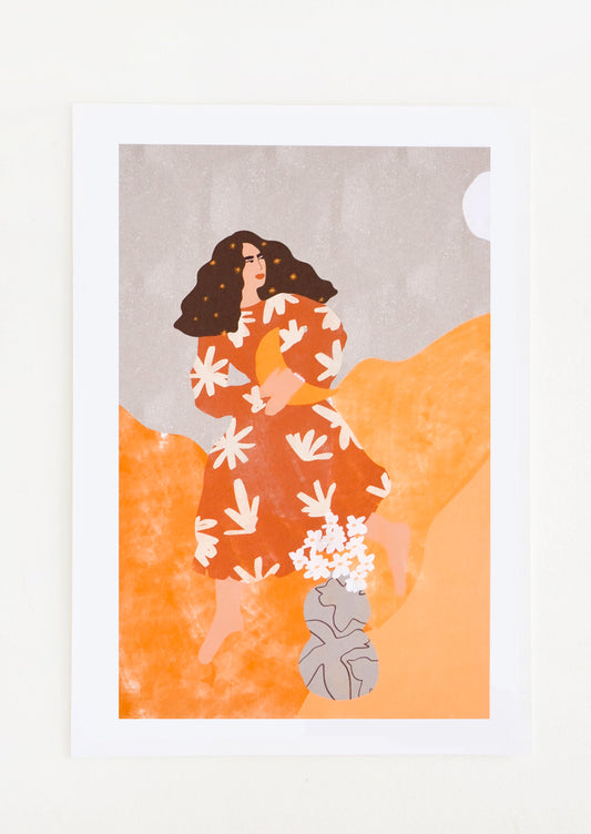 A long brown-haired woman in a rust colored floral dress holds a crescent moon in her arms as she moves through an orange and gray world.