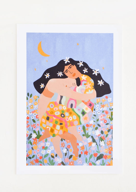 A nude figure embraces a woman with flowing black hair and a long colorful dress in a field of flowers against a periwinkle sky and crescent moon.