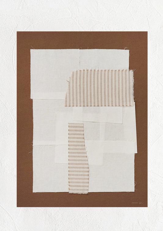 A brown art print with photographed textiles in ivory and tan stripes.