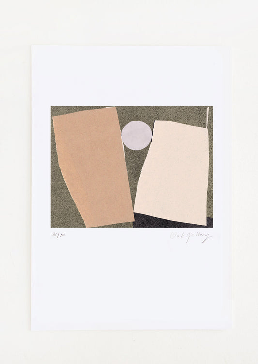 An abstract art print featuring a composition in black, brown, tan and lilac.