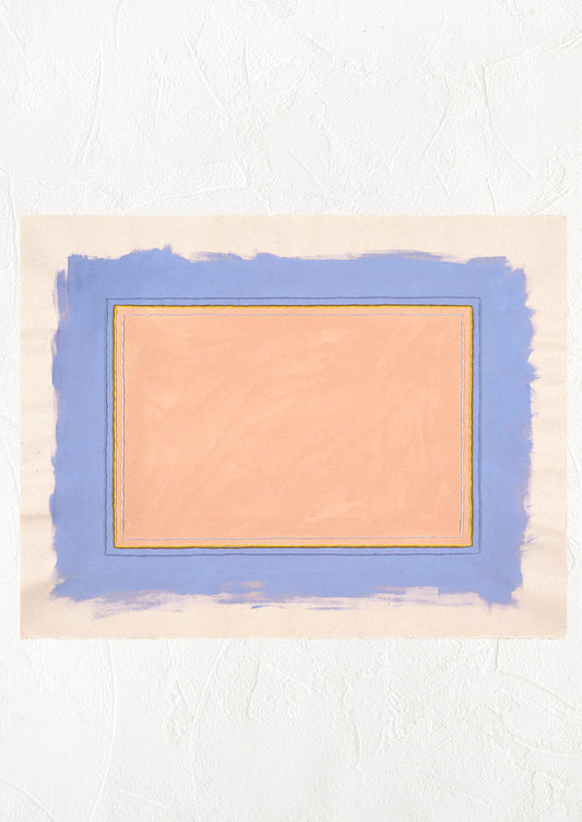 Digital reproduction of canvas painting featuring neon cornflower and peach painted rectangles with embroidery detail.