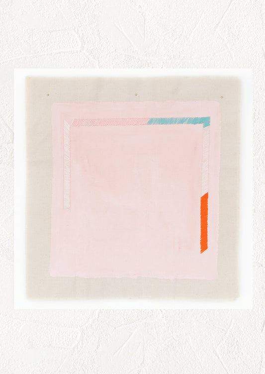 A minimalist abstract print of a pale pink square with small sections of blue, white, and red near its edges.