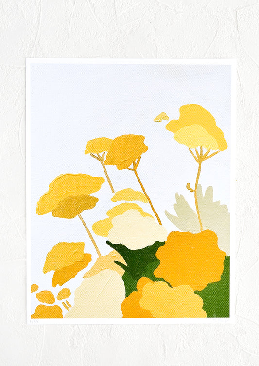 An art print of an original painting of yellow florals on a pale grey background.