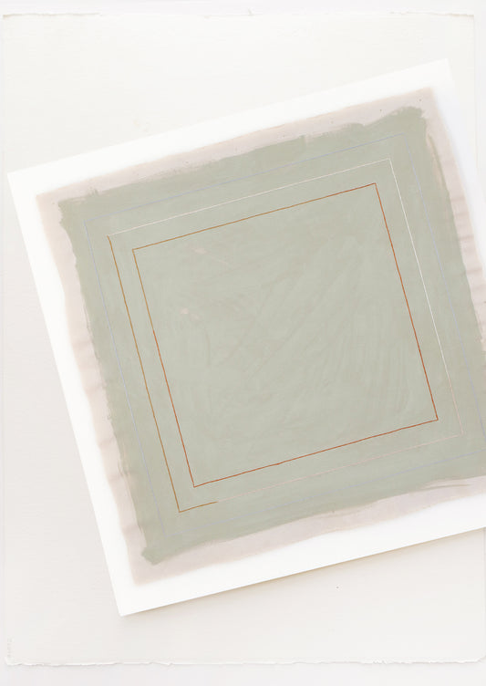 A gray-green square with three thin red, blue, and white squares inside.