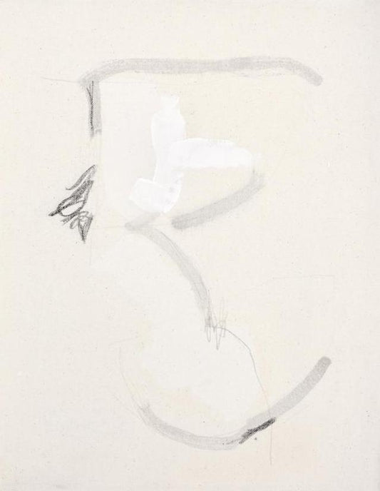 A minimalist, abstract painting of textural paint-strokes in black and white on an ivory canvas.