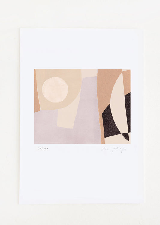 An abstract art print featuring geometric shapes in black, brown, cream and lilac.