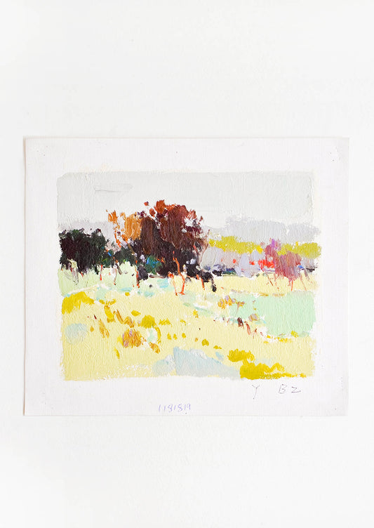 An impressionist landscape of yellow fields and maroon trees.
