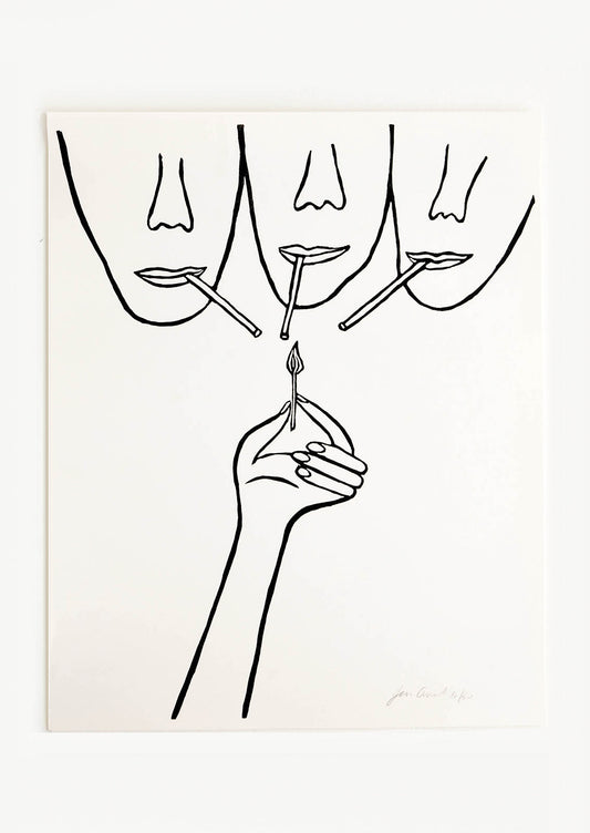 Hand printed artwork with off-white background and black drawing of three faces from the nose down, holding cigarettes up to a flame