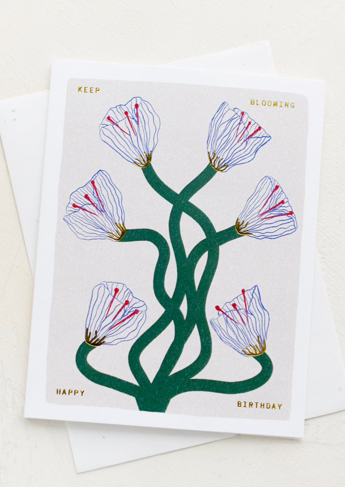 A greeting card with image of flowers, text reads "Keep blooming, happy birthday".