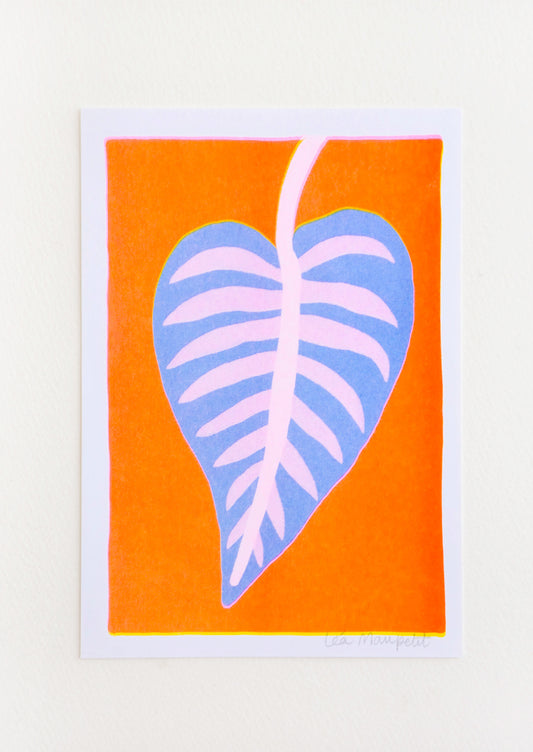 Risograph art print with neon orange background and purple and pink calathea leaf.
