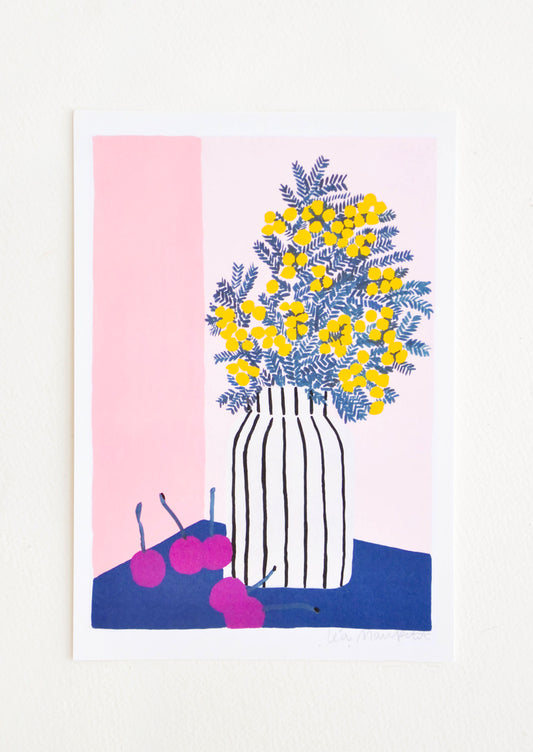 Art print with illustration of mimosa flowers in striped vase on tape with cherries.