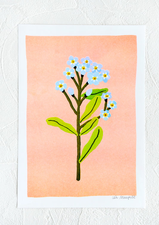 Risograph art print with neon coral background and forget me not stem