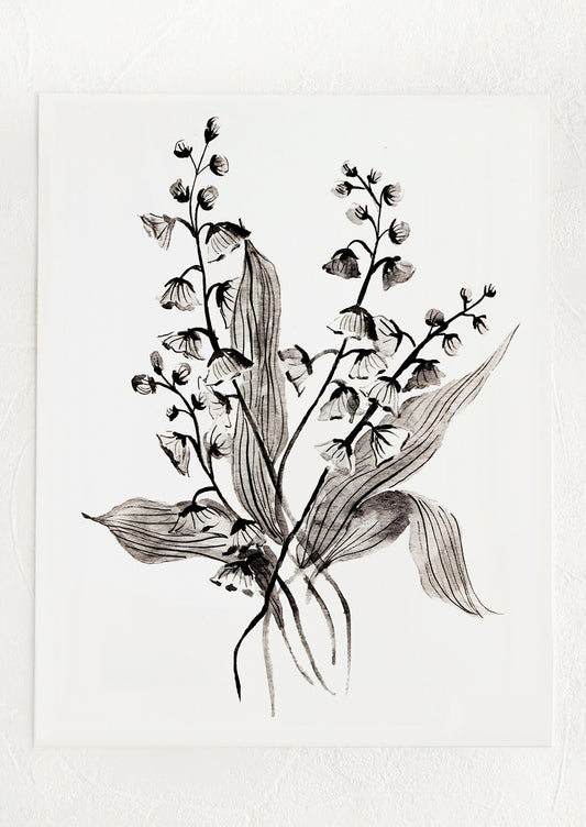A black and white illustration of lily of the valley flower.