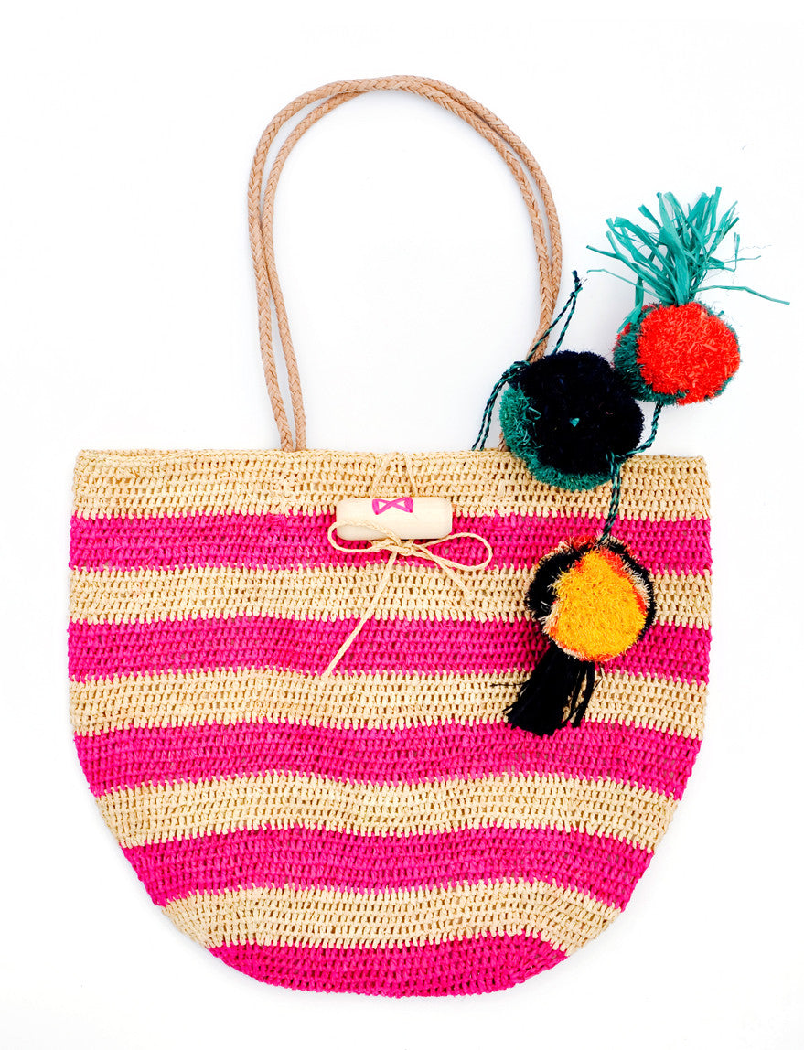 Rio Striped Straw Tote in Pink - LEIF