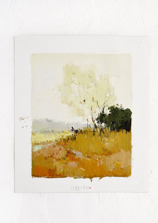 An oil painting depicting a landscape scene with a tree in a field.