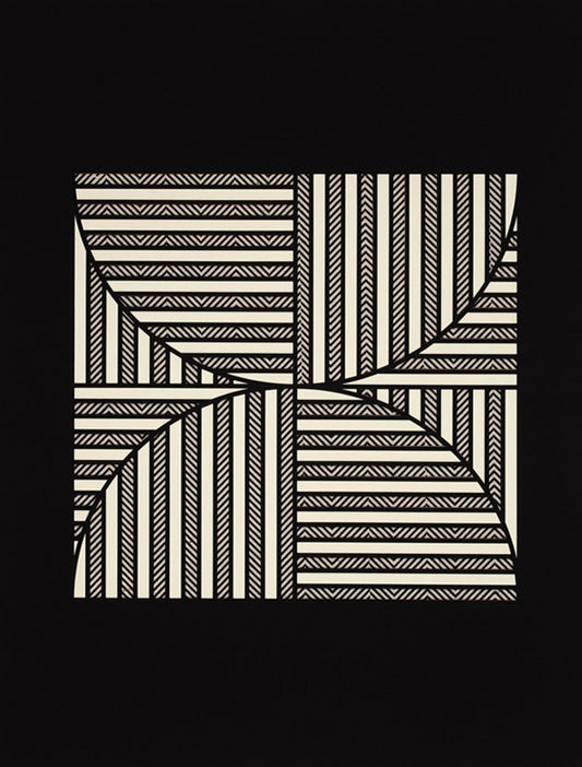 A rectangular black canvas with a central square composed of alternating black and white sections of stripes.