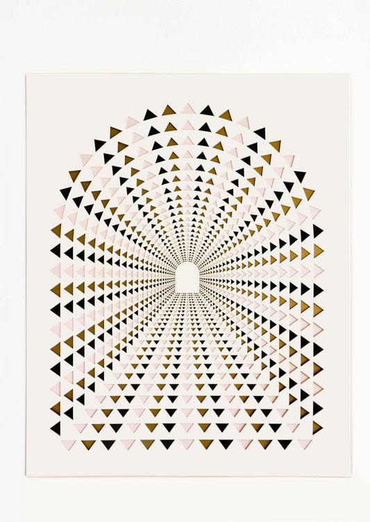 Lasercut artwork featuring arched doorway radiating outwards, made up of triangle shapes 