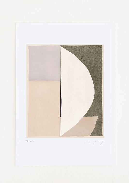 An abstract art print featuring a geometric composition in black, beige, ivory and lilac.