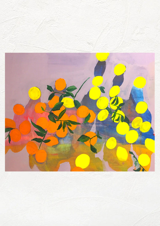 An art print of an original painting featuring lemons and oranges.
