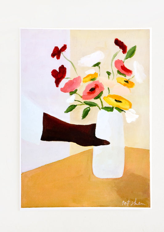 Art print featuring a Black person's hand placing a vase of flowers on a table
