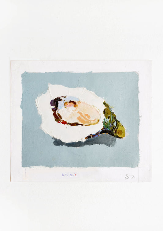 Original oil painting with still life image of a single oyster on a dusty blue background.
