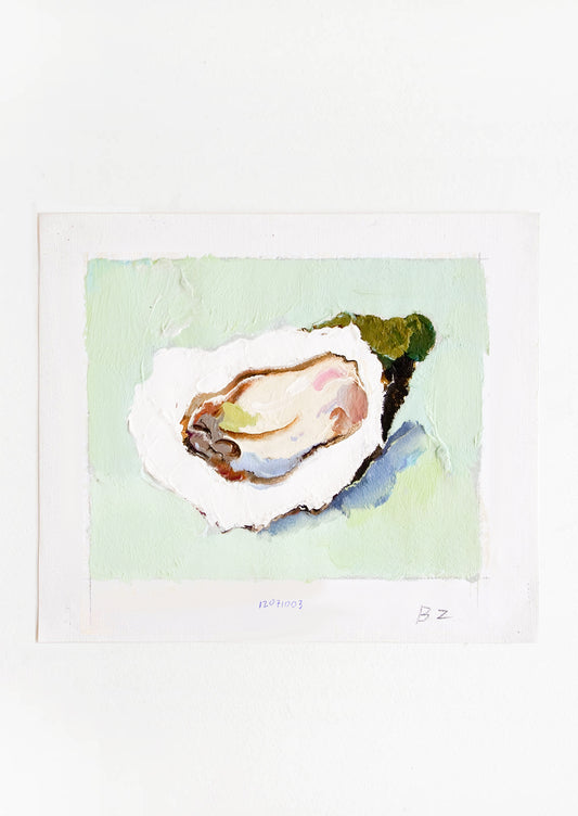 Original oil painting with still life image of a single oyster on a mint green background.