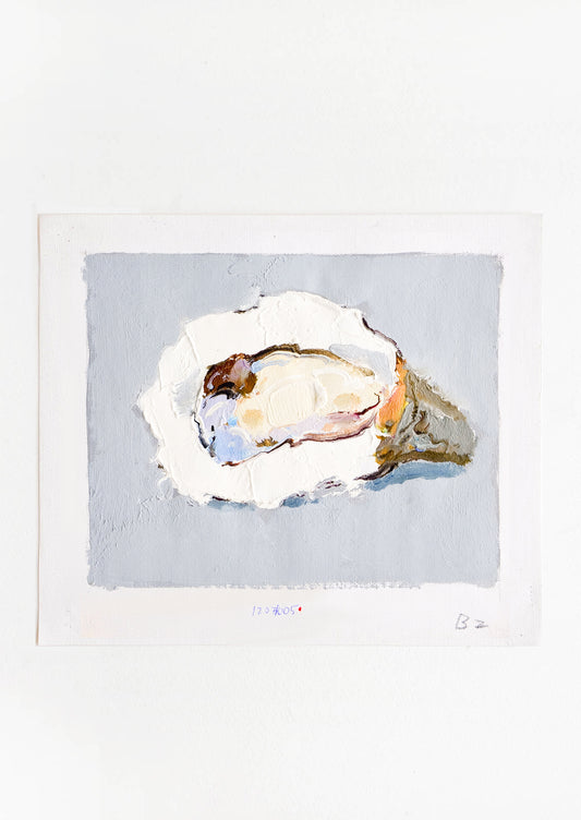 Original oil painting with still life image of a single oyster on a grey background.