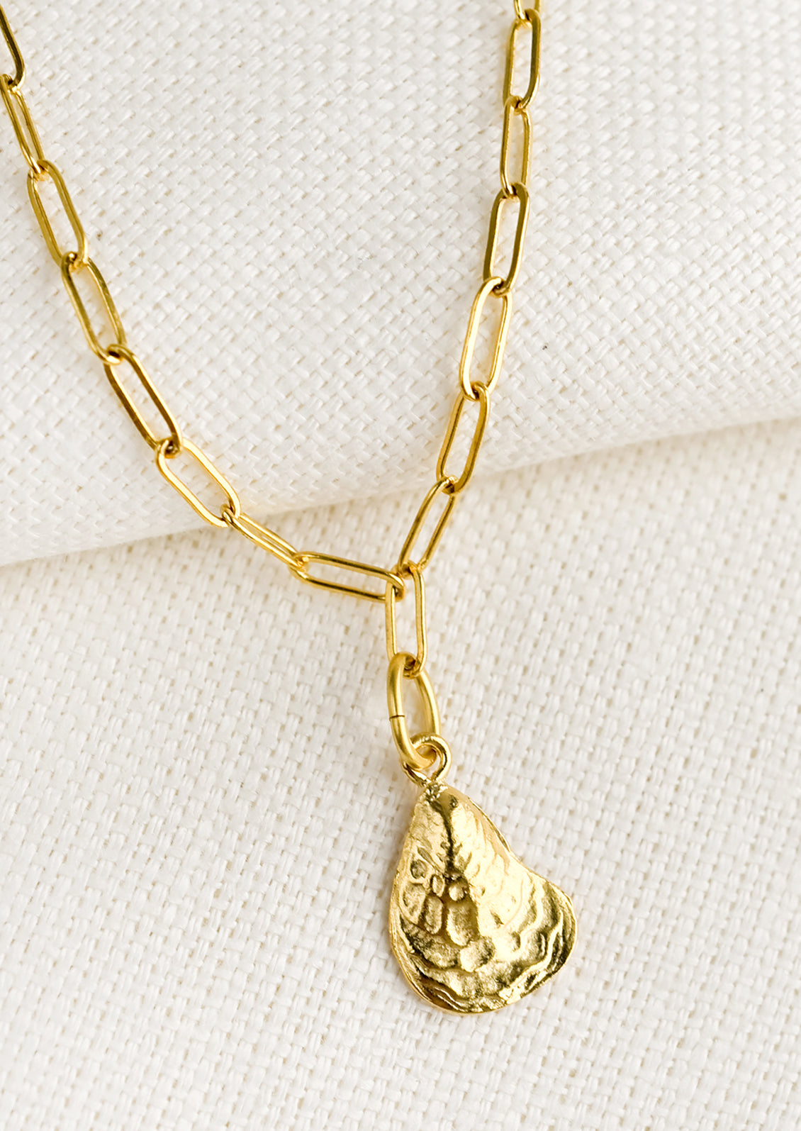 A necklace with paperclip link chain and oyster charm.