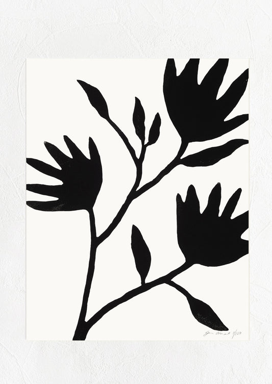 A monochrome lino cut print featuring abstract peony flowers.