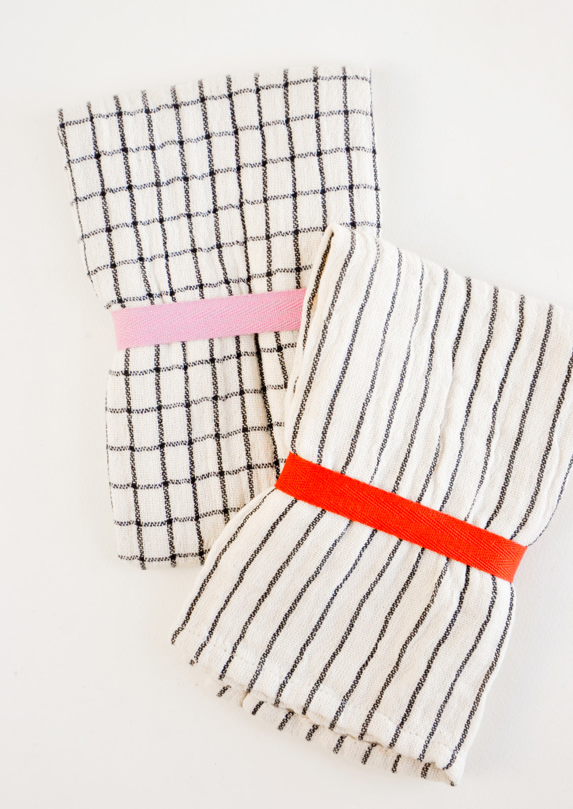 Gauzy cotton tea towel in white with black grid or stripes