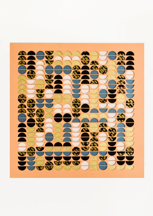 Artwork with geometric lasercut design, allover half-circles in mix of patterns and colors
