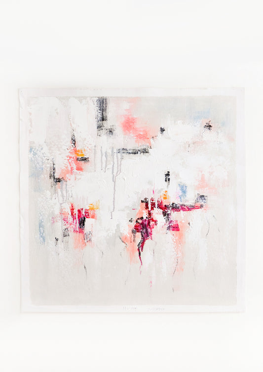 An abstract painting in white with textured strokes in grays and pinks. 