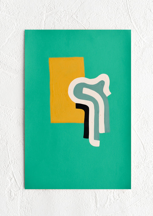 An abstract art print with geometric shapes on green background.